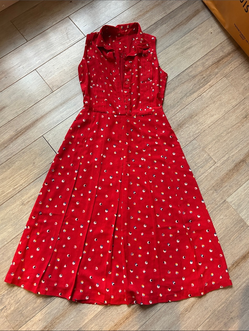 VTG Red Sleeveless Collared Midi Pleated Dress with Dot Print handmade